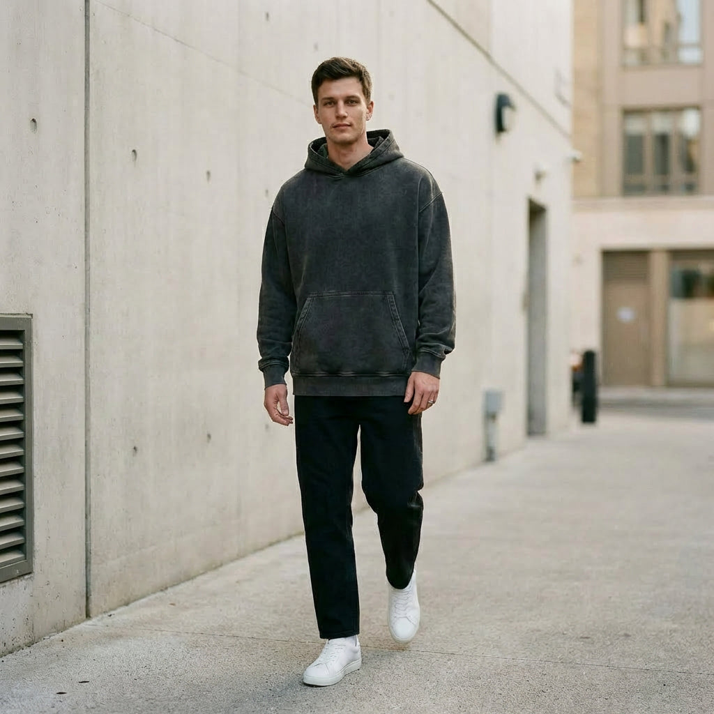 Snow Washed Heavyweight Cotton Hoodie — Black