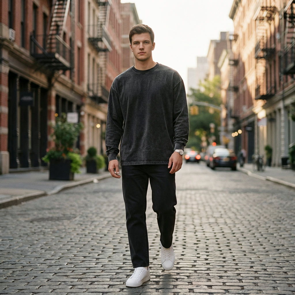 Acid Wash Oversized Long Sleeve Tee — Black