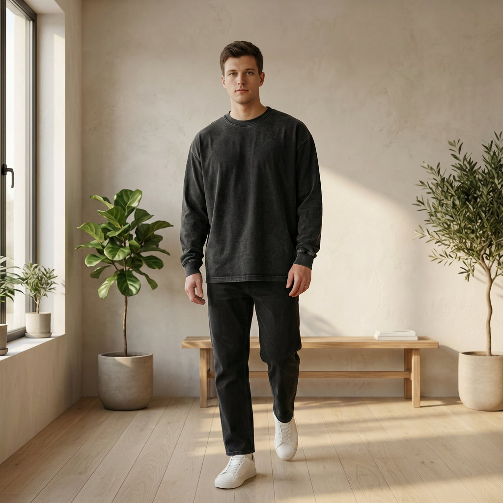 Acid Wash Oversized Long Sleeve Tee — Black