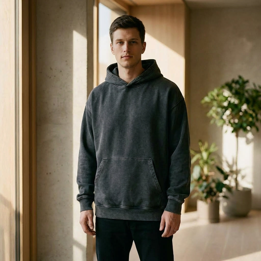Snow Washed Heavyweight Cotton Hoodie — Black