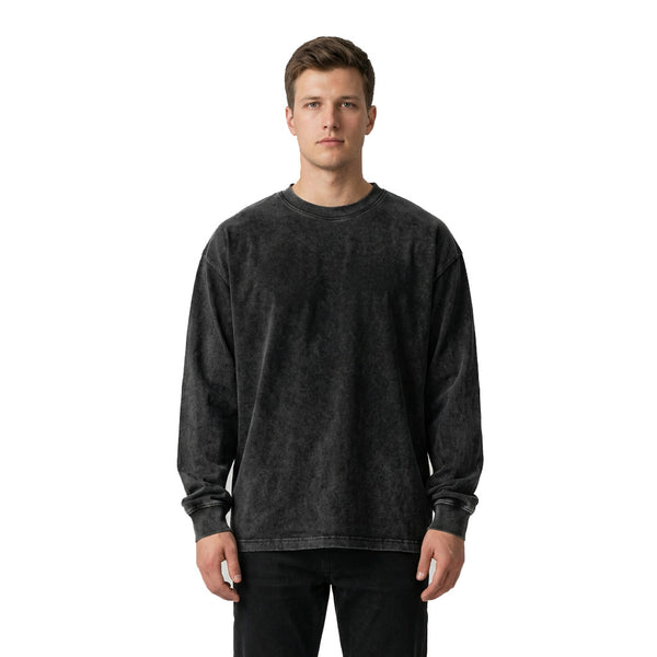 Acid Wash Oversized Long Sleeve Tee — Black